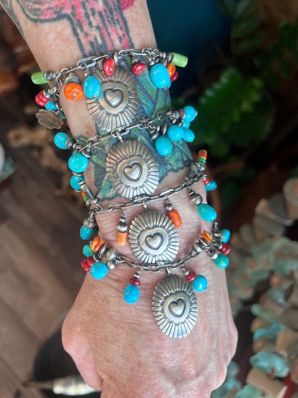 Raymond Coriz Handcrafted Sterling Silver Concho & Multistone Beaded Charm Brace